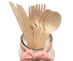 Ensemble de couverts jetables en bois fort et naturel, Alternative parfaite pour le plastique, 50 couteaux 100 fourchettes 50 cuillères de 160 mm Ustensiles biodégradable