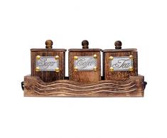 fabriqué à la main en bois antique Look Thé café sucre 3 boîtes de conservation en Plateau en bois – Conteneur avec couvercle