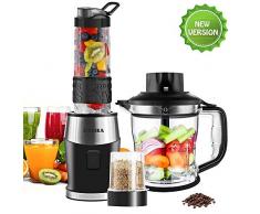 Blender Smoothie 700W, FOCHEA 3 en 1 Mixeur Smoothie Blender & Hachoir à Viande/Oignon & Moulin à Café/Graines/Poivre/Épices avec 3 Récipients 1.5L&0.57L&0.3L sans BPA et 4 Lames en Acier Inox