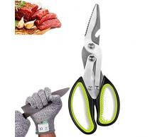 MojiDecor Ciseaux de cuisine multifonction en acier inoxydable avec gants résistants aux coupures pour volaille, ménage, viande, noix, poisson, légumes et décapsuleurs