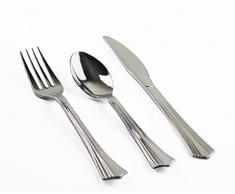 Oaklyn 150 Couverts en Plastique Argenté - 50 Fourchettes 50 Couteaux 50 Cuillères- Argenterie De Qualité en Série, Jetable Réutilisable en Plastique De Fantaisie Parfaite Les Fêtes