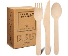 Ensemble de Couverts en Bois Premium Planet | 150x pièces | 50x Fourchettes 50x Couteaux 50x Cuillères | Couverts en Bois Jetables de Grande Taille | Couverts de Fête | 100% biodégradable
