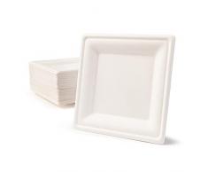 BIOZOYG Vaisselle à Base Bagasse | 50 pièces dassiettes du Canne de Sucre Blanche carrée décolorée 20x20 cm | Bio jetable Vaisselle, Menu Plats et jetable fête Assiette