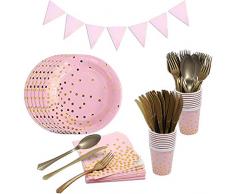 Tomkity 20pcs (Tasses Gobelets Jetables + Assiettes Jetables + Serviettes de Table + Fourchettes Cuillères Couteaux) + Bannière Ensemble de Vaisselle danniversaire Décoration de Table Partie Rose
