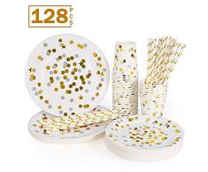 esonmus Set Vaisselle Jetable 128 pcs,32 Gobelets en Papier + 32 Bacs à Papier de 7 Pouces + 32 Bacs à Papier de 9 Pouces + 32 Pailles,pour Anniversaire,Fête,avec Points Dorés et Pentagramme