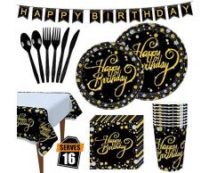 VAINECHAY 114pcs Vaisselle Jetable Anniversaire Noir Or Assiette Dîner Tasse Serviette Papier Nape Couteau Fourchette Cuillère Nappe de Table pour Party Anniversaire, 16 Invités