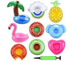NATUCE 9PCS Porte Gobelet Gonflable avec 1 Gonfleur, Flamant Rose Fruits Gonflables Porte-Boissons, Bar Flottant Piscine, Kit de Porte-gobelet Gonflable Bouée Porte-Boisson pour Piscine Party