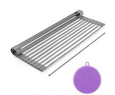 Egouttoir Grille Séchage, ZealBea Focus Retrousser Séchage Égouttoir à Assiette 18 Tuyaux en Acier Inoxydable Silicium Egouttage Etagère Séchage des Fruits des Légumes étagère 53x32CM