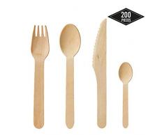 200pcs Couverts en Bois Jetables - 50 Cuillères, 50 Fourchettes, 50 Couteaux, 50 Cuillères à Café - Fort et Robuste -100% Bois Naturel, Biodégradable, écologique - Alternative élégante au Plastique
