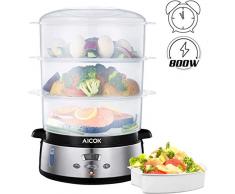 Cuiseur Vapeur, 9L Cuiseur Vapeur électrique 800W et Arrêt Automatique avec Programmable Minuteur, 3 Paniers Indépendants Empilables et écran LED, Base en Acier Inoxydable, Sans BPA, AICOK