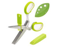 Ciseaux à Herbes, Ciseaux de Cuisine à Usages Multiples, 5 Lames en Acier Inoxydable avec Couvercle de Sécurité, Peigne de Nettoyage et Décapant pour Herbes (Vert)