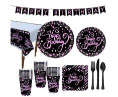 VAINECHAY 114pcs Vaisselle Jetable Anniversaire Noir Rose Assiette Dîner Tasse Serviette Papier Nape Couteau Fourchette Cuillère Nappe de Table pour Party Anniversaire, 16 Invités
