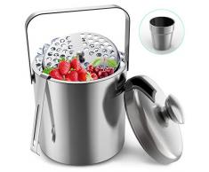 RATEL Seau à Glace, Double Paroi en Acier Inoxydable avec Pinces, couvercles, crépine, Tasse en Acier Inoxydable et poignée de Transport - 1,3 L