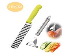 MQIAN Coupe Pomme de Terre & Epluche legumes,Coupe Frites Tranches De Pommes De Terre Couteau Ondulé Vague Frites FrançAis Salade Ondulé Couteau De Coupe Chopper, 2 pcs