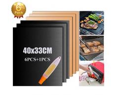 Tapis de Cuisson Barbecue - BBQ Grill Mat Set of 6, Antiadhésif Réutilisable Résistant à la Chaleur, Facile à Nettoyer, pour Gaz Charbon Électrique 40x33cm (T-6 PCS + Brosse)