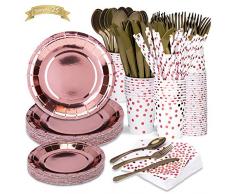TOROTON 225Pcs Vaisselle Jetable, Assiette Couteau Fourchette Cuillère Gobelet en Papier Serviette en Papier Paille pour Anniversaire Mariage Camping, Service 25 Invités