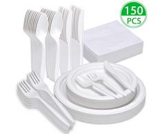 Lot de 25 vaisselle jetables biodégradables respectueux de lenvironnement, comprenant des assiettes, des serviettes, des couteaux, des fourchettes