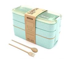 Lunch Box, Bento Box, Anti-Fuite Écologique Bento, Blé Naturel 3 Compartiments 900ml Anti-Fuite Écologique Boîte de Conservation Avec Fourchette, Cuillère pour Kids Adultes (Green)