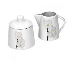 Van Well Vanda Orchidée Blanche 2 pièces Set sucrier avec couvercle, ø 95 mm + Pot à Lait, Porcelaine de 220 ml, décor floral élégant marques