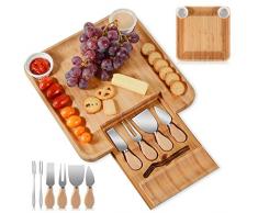 Plateau à fromage en bambou naturel avec tiroir coulissant, ensemble de couverts et 2 bols en céramique, Plateaux de service pour vin collations, Plateau de nourriture pour la fête dîner pique-nique