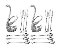 CRIVERS Set de vaisselle innovant en acier inoxydable avec fourchette à fruits et assiette à dessert Dessert, porte-assiette décorative Swan avec 3 fourchettes et 3 cuillères (Lot de 2) (Argenté)