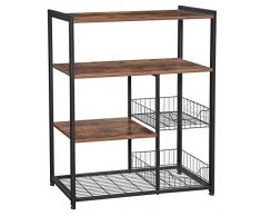 VASAGLE Étagère de Cuisine, Meuble de Rangement, pour Four à Micro-Ondes, avec 2 Paniers Métalliques en Maille, 4 Niveaux, Crochets Offerts, 80 x 35 x 95 cm, Marron Rustique KKS96X