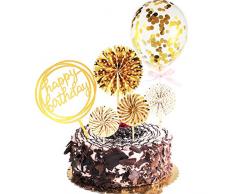 Set de Topper de Cupcake Joyeux Anniversaire Ventilateurs en Papier Ballon Confettis Topper de Cupcake en Acrylique pour Décoration de Gâteau dAnniversaire (Doré)