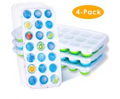 XIMU Moule à glaçons, Lot de 4 Bac à glaçons en Silicone à Démoulage Facile avec couvercle, Sans BPA Bacs à Souples en Gel de Silice de Qualit- Alimentaire pour Leau, Les Cocktails et Autres Boissons