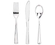WDF Lot de 180 couverts jetables en plastique argenté 60 fourchettes, 60 couteaux et 60 cuillères