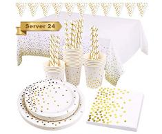 SPLAKS Assiette Jetable Doré Kit Vaisselle Jetable Grandes Assiettes Assiettes à Dessert Gobelets Serviettes Paille en Papier Nappe de Table pour Anniversaire Fête Party Fête Mariages 24 Invités