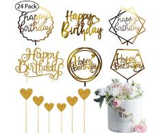 JEZOMONY Doré GâTeau danniversaire Topper Ensemble, Paillettes Acrylique Double Face, Lettres Glod Glitter Happy Birthday et Love Star, Décoration de Gâteaux pour Enfants ou Adultes (Pack de 24)