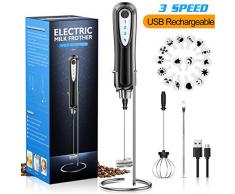 CAVN Mousseur à lait électrique avec double poignée en mousse rechargeable par USB avec batteur dœufs, 16 pochoirs/aiguillepour café, latte, cappuccino, Acier Inoxydable avec Support (Black)