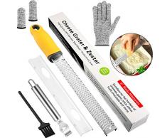 Râpe à Fromage Râpe Zeste de Citron en Acier Inoxydable Gants Résistants à Coupures Manche de Doigt avec Poignée Ergonomique Housse de Protection et Brosse de Nettoyage pour Gingembre, Ail, Chocolat