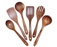 Nrpfell Ensemble DUstensiles en Bois de 6, Grande Ustensile de Cuisine pour Ustensiles de Cuisine AntiadhéSifs,CuillèRes de Teck Passoire à Louche, Outils de Cuisine sans Couture Durables