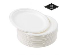 100 Assiettes Jetables en Papier de Canne à Sucre, 26cm| Solide, Rigide & Résistant| Écologique Biodégradable - Imperméable & Va au Micro-Ondes| Alternative en Plastique Naturel - Anniversaires Fête.