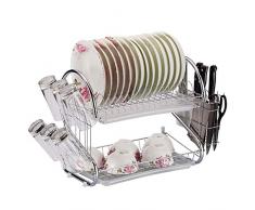 Porte-vaisselle de cuisine étagères étagère de cuisine, Double égouttoir plaque blanche + porte-gobelet suspendu + baguettes de rack couteau crochet de panier,Blanc