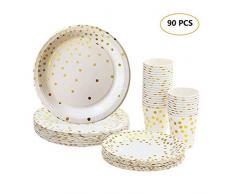 Lot Gobelets et Assiettes Jetables, 90 pièces Vaisselle Carton Jetable 30 Goblets en Papier + 30 Assiettes à Dessert + 30 Grandes Assiettes pour Anniversaire Fêtes avec Motif doré (90 pcs-1)