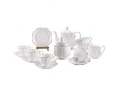 GuangYang Service à Café Tasses Porcelaine Anglaise - 15 Pièces Blanc Service à Thé Fine Relief à Fleurs Ensemble de 6 Tasses et 6 Soucoupes avec Théière