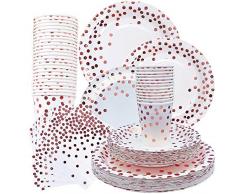 SIMUER Lot Gobelets et Assiettes Jetables Blanc et Or Rosa, 80pcs Vaisselle Carton Jetable, Goblets en Papier, Assiettes à Dessert, Grandes Assiettes, Serviette en Papier pour Anniversaire Fêtes