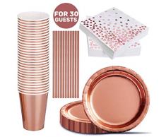 iZoeL 30 invités Vaisselle Jetable fête Anniversaire Or Rose Assiettes Anniversaire Papier Tasses Serviette Or Rose Papier Paille pour Dîner fête Anniversaire Baby Shower Party Mariage 120pcs