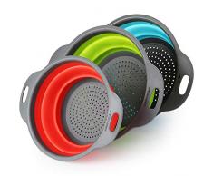 Virklyee Passoire en Silicone Set of 3 Filtre en Silicone pour légumes ou Fruits Pliable Passoire Pliant Passoire Pliable Silicone (Vert, Rouge, Bleu)