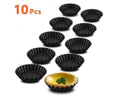 EKKONG Plat à Tarte, Lot de 10 Moule à Tarte, Revêtement Antiadhésif, Moule à Quiche pour Tartes, Gâteaux, Pudding, Flan (Noir, Ø 9,5cm)
