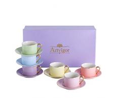 Artvigor, Service à Café en Porcelaine pour 6 Personnes, 220 ml Tasse à Café Thé avec Soucoupes Coffret Cadeau pour Fête, Mariage, Anniversaire