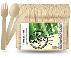 BAMBOODLERS Ensemble de couverts jetables en bois | 100% naturels, biodégradables et compostables - Parce que la Terre c’est super ! Paquet de 200: 100 fourchettes, 50 cuillères, 50 couteaux (16,5 cm)