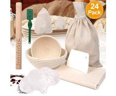 UHAPEER Banneton Panier dépreuvage Set à Pain Rond, 2 pièces Panier à Pain 9et 6, avec Housse en Tissu, Sac à Pain, Rouleau à pâtisserie, grattoir, modèles décoratifs, Doublure en Tissu (24 PCS)