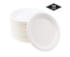 100 Assiettes Jetables en Canne à Sucre, Assiette à Dessert en Papier, 18cm| Solide & Rigide - Écologique Biodégradable Compostable| Imperméable & Va au Micro-Ondes| Alternative en Plastique Naturel.