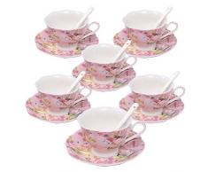 ufengke 7 oz Set de Tasse à Café, Service de Thé de Café en Porcelaine Fleurs et Oiseaux, Ensemble de 6 Tasses et Soucoupe en Céramique - Rose