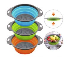 Zeeanker Pliable de Cuisine Passoire/Passoire Lot de 3, Passoire Pliable Silicone, Pliable Cuisine Passoire, Passoire Pliable Panier, Parfait pour Pâtes, Légumes, Fruits(Bleu, Vert, Orange)