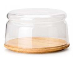 Continenta Cloche à Fromage/Bol, 2 pièces en Bois d'hévéa et Verre soufflé à la Bouche, diamètre 16 x 9 cm