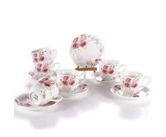 Ensembles de 6 Tasse à Café Porcelaine Fine - 220ml Grande New Bone China Rétro et Rose Pattern Vintage Service à Thé de Table Tasses à Cappuccino